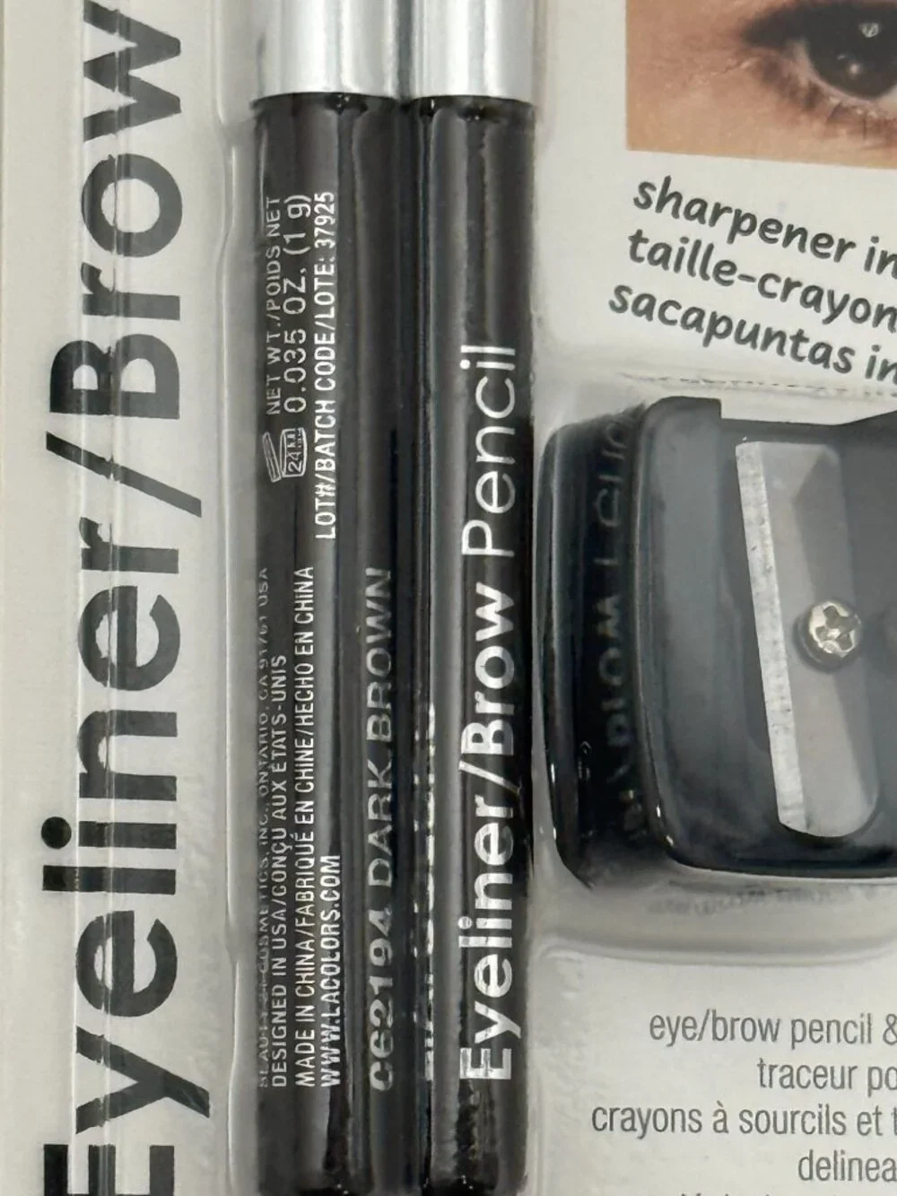L.A. Colors Dark Brown Eyeliner Brow Pencil Set w Sharpener New